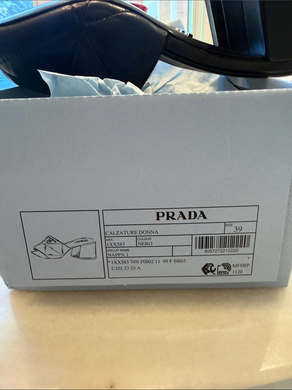 NIB Prada Black Quilted Leather Block Heel Mules with Gold Logo - Picture 8 of 8